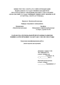 Магистерская диссертация — Разработка региональной программы развития тенниса в республике Татарстан с 2019 по 2021 — 1